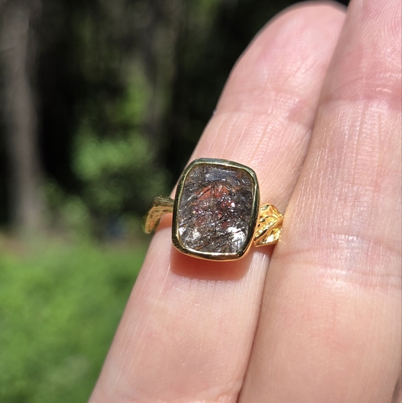 Rutilated Quartz 7k cushion cut sterling & gold ring sz8.75 - Picture 4 of 7